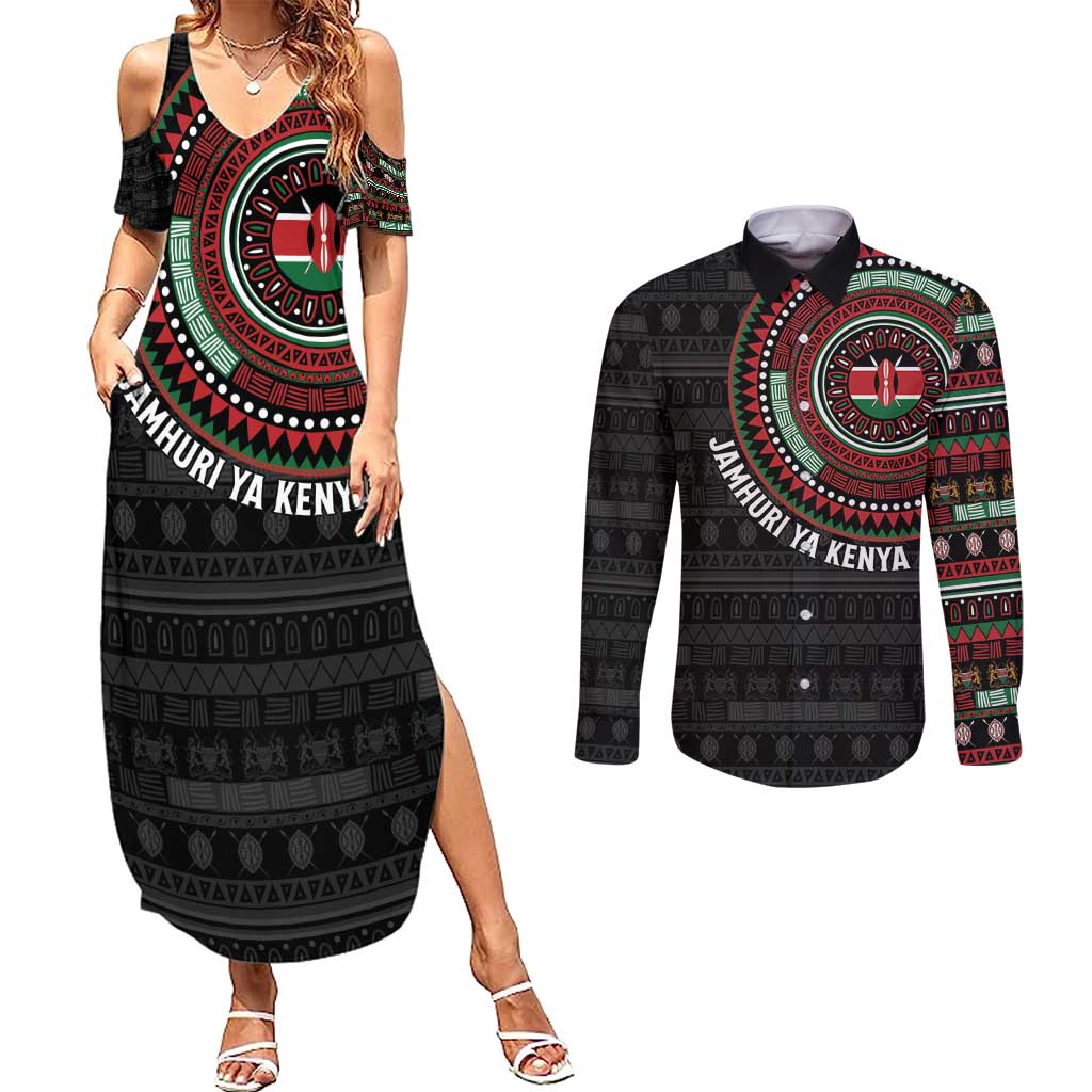 Personalised Kenya Couples Matching Summer Maxi Dress and Long Sleeve Button Shirt African Tribal Pattern