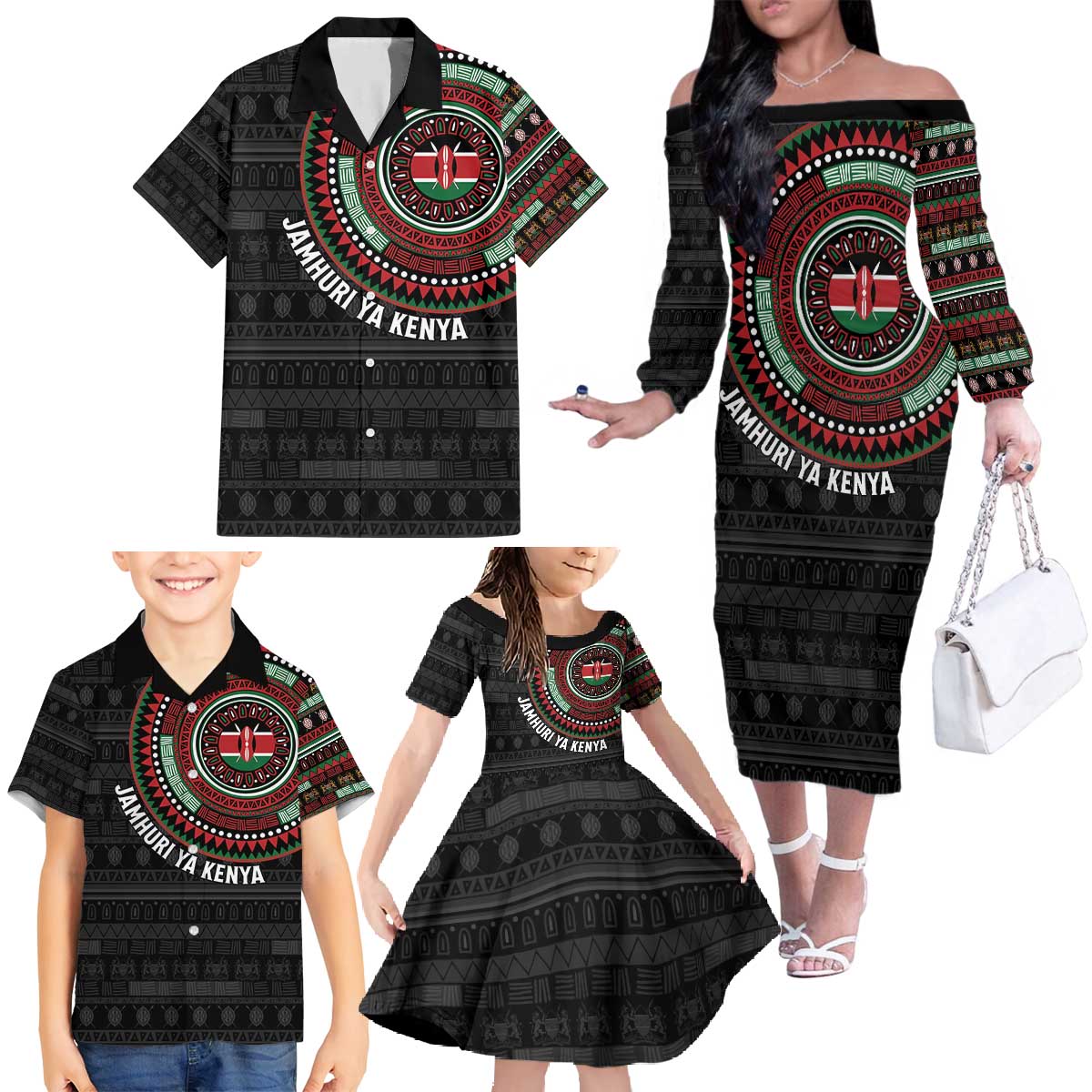 Personalised Kenya Family Matching Off The Shoulder Long Sleeve Dress and Hawaiian Shirt African Tribal Pattern