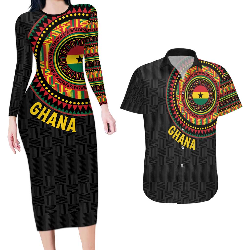 Personalised Ghana Couples Matching Long Sleeve Bodycon Dress and Hawaiian Shirt African Tribal Mix Kente Patterns