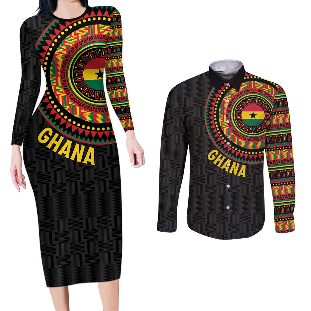 Personalised Ghana Couples Matching Long Sleeve Bodycon Dress and Long Sleeve Button Shirt African Tribal Mix Kente Patterns