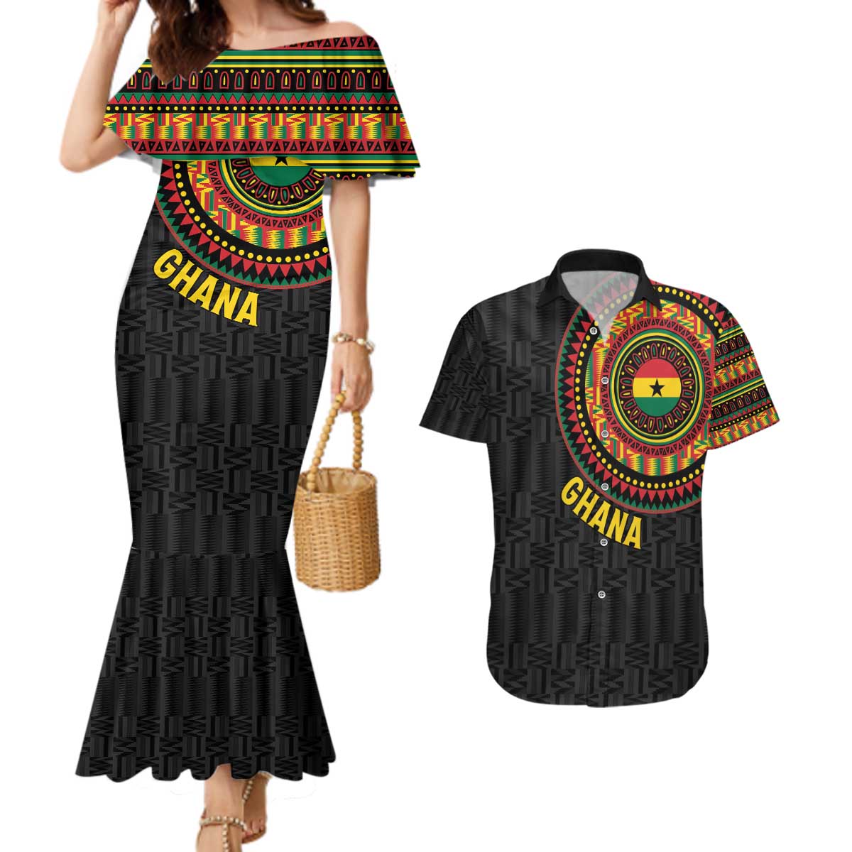 Personalised Ghana Couples Matching Mermaid Dress and Hawaiian Shirt African Tribal Mix Kente Patterns