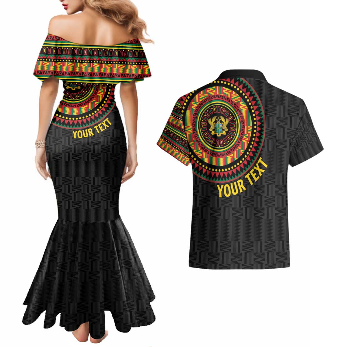 Personalised Ghana Couples Matching Mermaid Dress and Hawaiian Shirt African Tribal Mix Kente Patterns