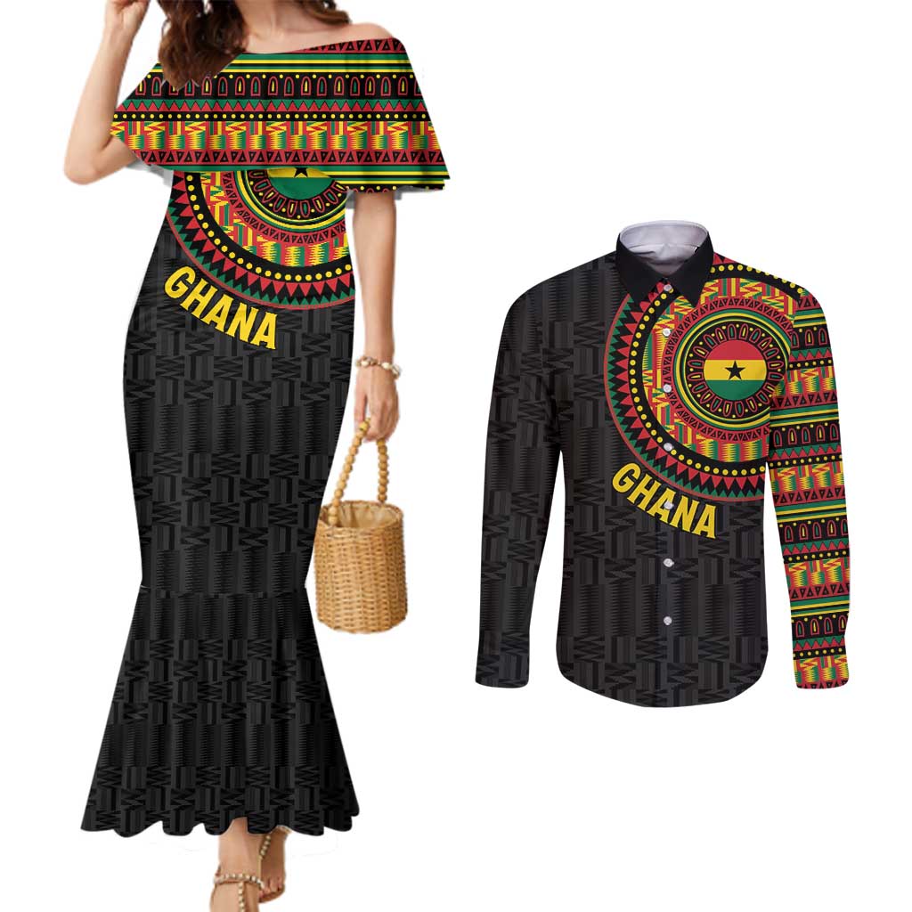 Personalised Ghana Couples Matching Mermaid Dress and Long Sleeve Button Shirt African Tribal Mix Kente Patterns