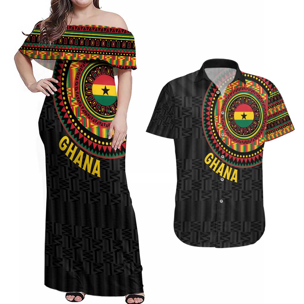 Personalised Ghana Couples Matching Off Shoulder Maxi Dress and Hawaiian Shirt African Tribal Mix Kente Patterns