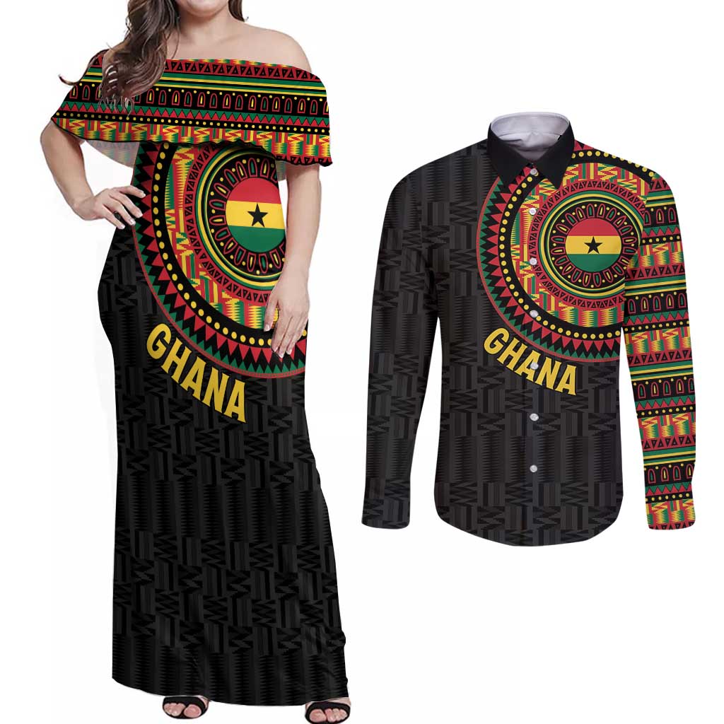 Personalised Ghana Couples Matching Off Shoulder Maxi Dress and Long Sleeve Button Shirt African Tribal Mix Kente Patterns