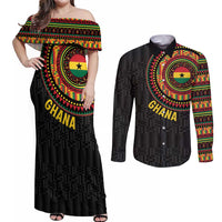 Personalised Ghana Couples Matching Off Shoulder Maxi Dress and Long Sleeve Button Shirt African Tribal Mix Kente Patterns