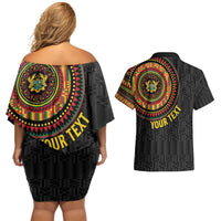 Personalised Ghana Couples Matching Off Shoulder Short Dress and Hawaiian Shirt African Tribal Mix Kente Patterns