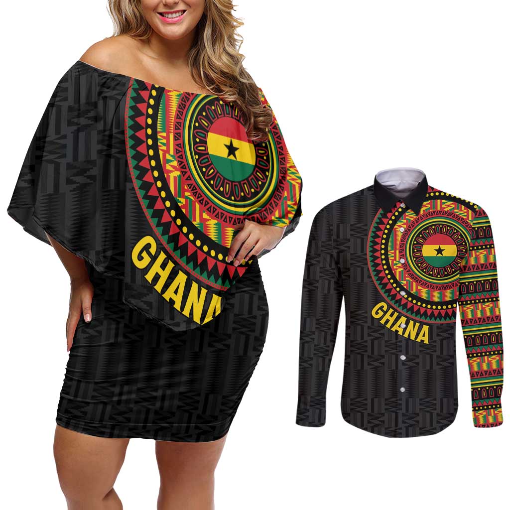 Personalised Ghana Couples Matching Off Shoulder Short Dress and Long Sleeve Button Shirt African Tribal Mix Kente Patterns