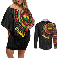 Personalised Ghana Couples Matching Off Shoulder Short Dress and Long Sleeve Button Shirt African Tribal Mix Kente Patterns