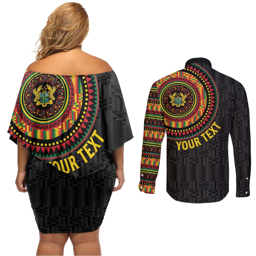 Personalised Ghana Couples Matching Off Shoulder Short Dress and Long Sleeve Button Shirt African Tribal Mix Kente Patterns