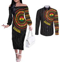 Personalised Ghana Couples Matching Off The Shoulder Long Sleeve Dress and Long Sleeve Button Shirt African Tribal Mix Kente Patterns