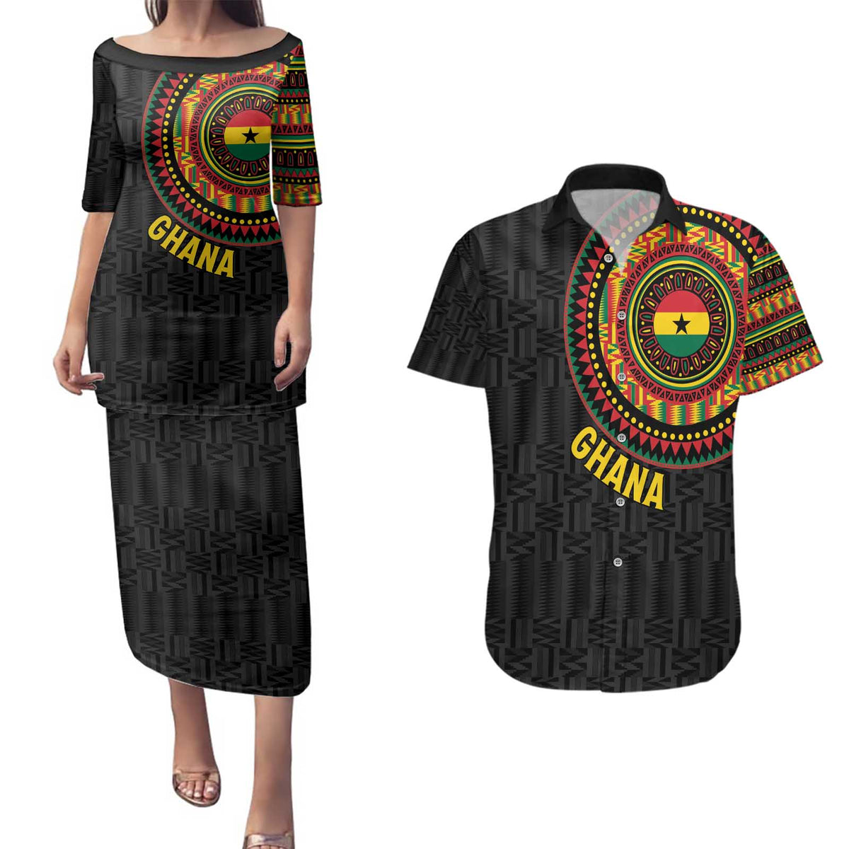 Personalised Ghana Couples Matching Puletasi and Hawaiian Shirt African Tribal Mix Kente Patterns