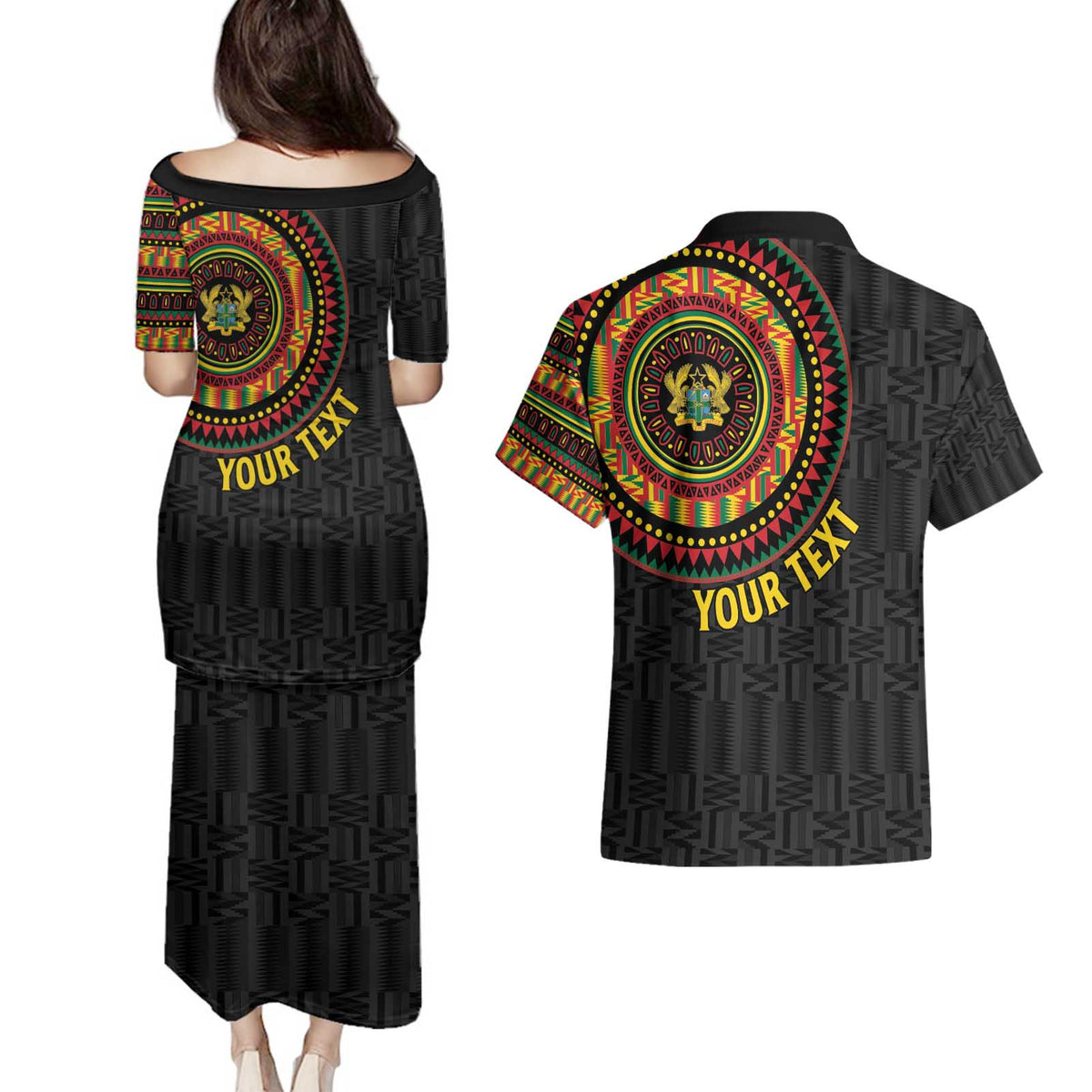 Personalised Ghana Couples Matching Puletasi and Hawaiian Shirt African Tribal Mix Kente Patterns