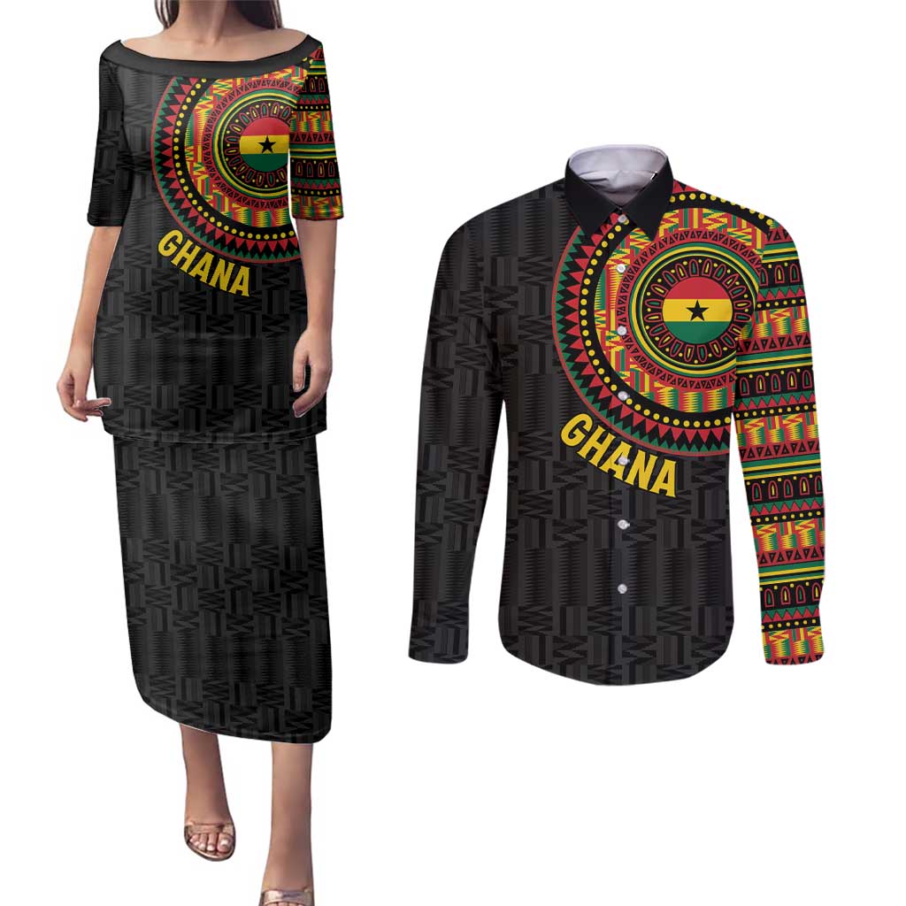 Personalised Ghana Couples Matching Puletasi and Long Sleeve Button Shirt African Tribal Mix Kente Patterns