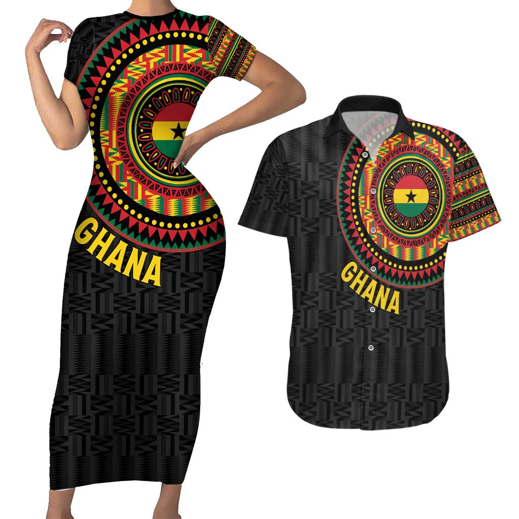 Personalised Ghana Couples Matching Short Sleeve Bodycon Dress and Hawaiian Shirt African Tribal Mix Kente Patterns