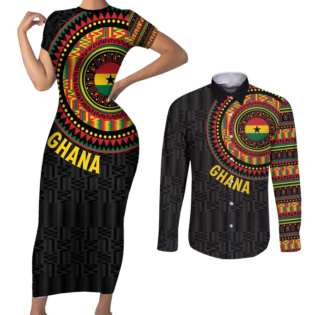 Personalised Ghana Couples Matching Short Sleeve Bodycon Dress and Long Sleeve Button Shirt African Tribal Mix Kente Patterns