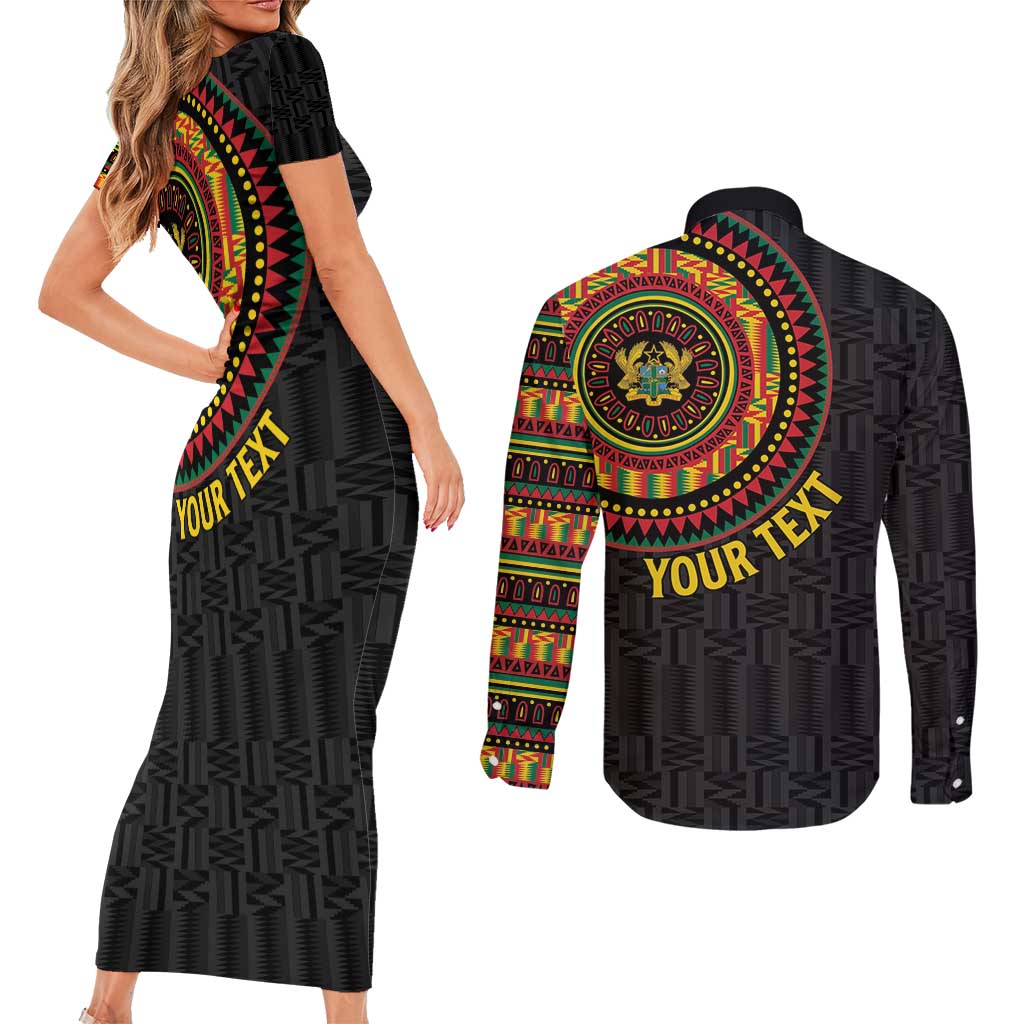 Personalised Ghana Couples Matching Short Sleeve Bodycon Dress and Long Sleeve Button Shirt African Tribal Mix Kente Patterns