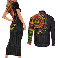 Personalised Ghana Couples Matching Short Sleeve Bodycon Dress and Long Sleeve Button Shirt African Tribal Mix Kente Patterns