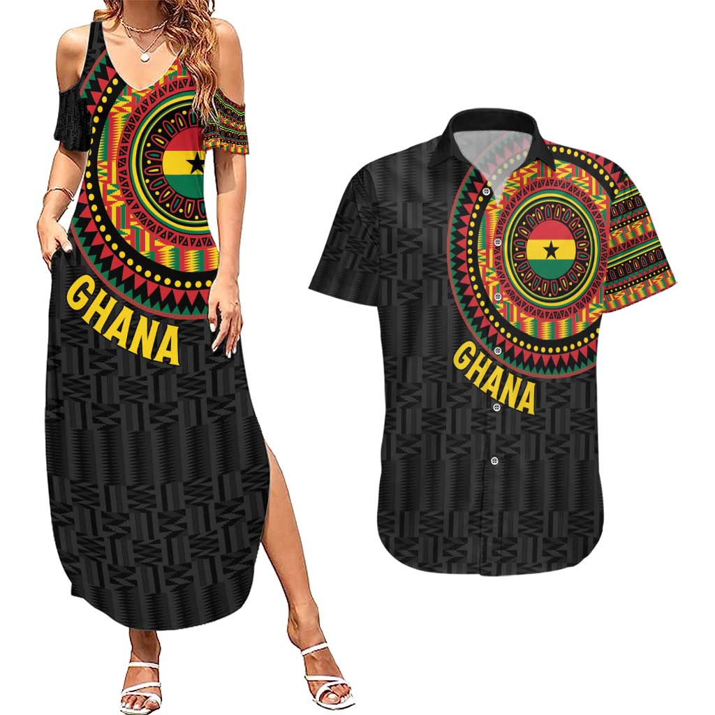Personalised Ghana Couples Matching Summer Maxi Dress and Hawaiian Shirt African Tribal Mix Kente Patterns