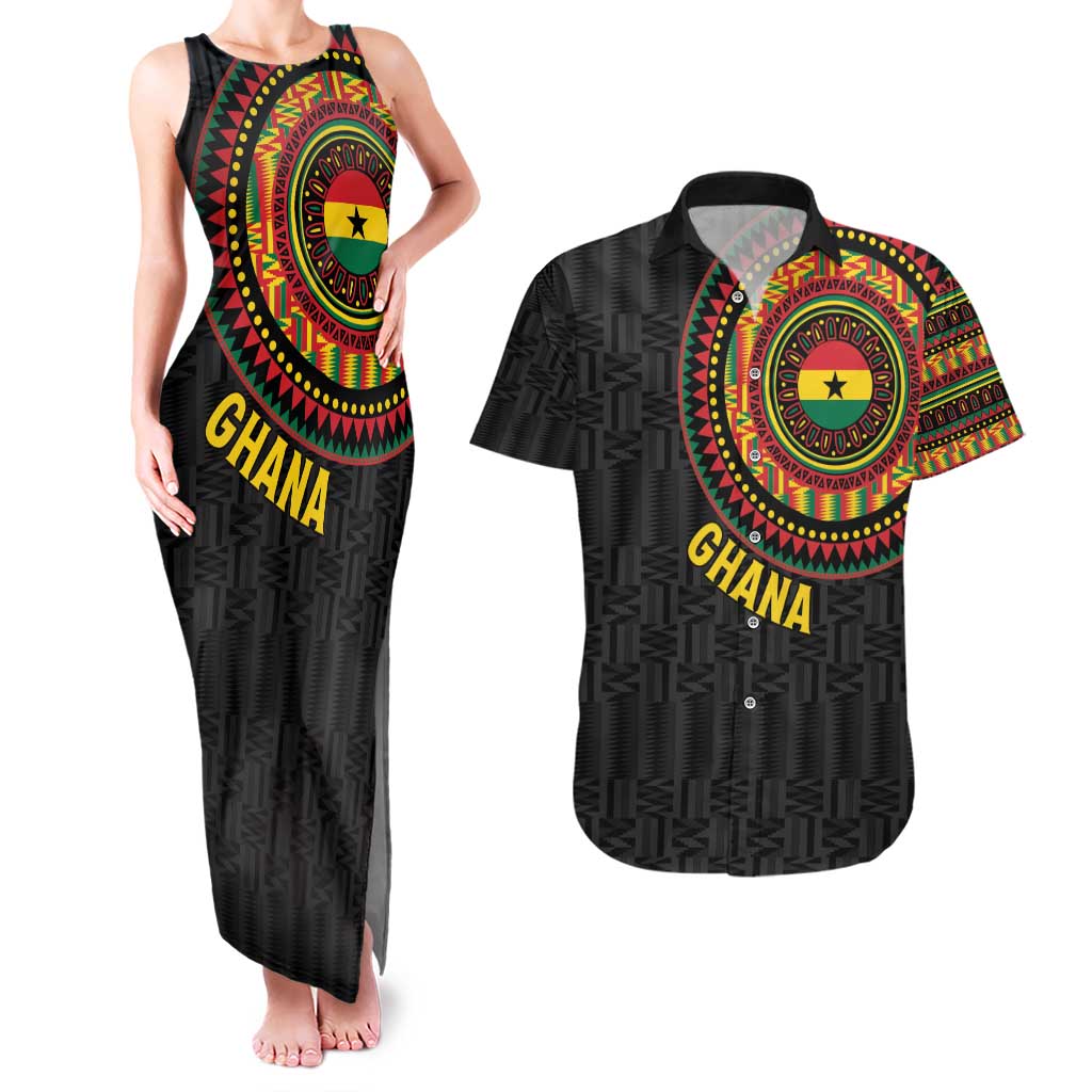 Personalised Ghana Couples Matching Tank Maxi Dress and Hawaiian Shirt African Tribal Mix Kente Patterns