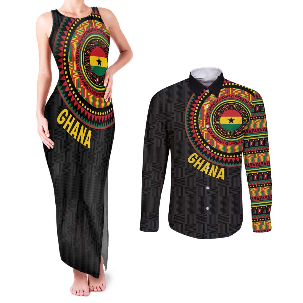 Personalised Ghana Couples Matching Tank Maxi Dress and Long Sleeve Button Shirt African Tribal Mix Kente Patterns