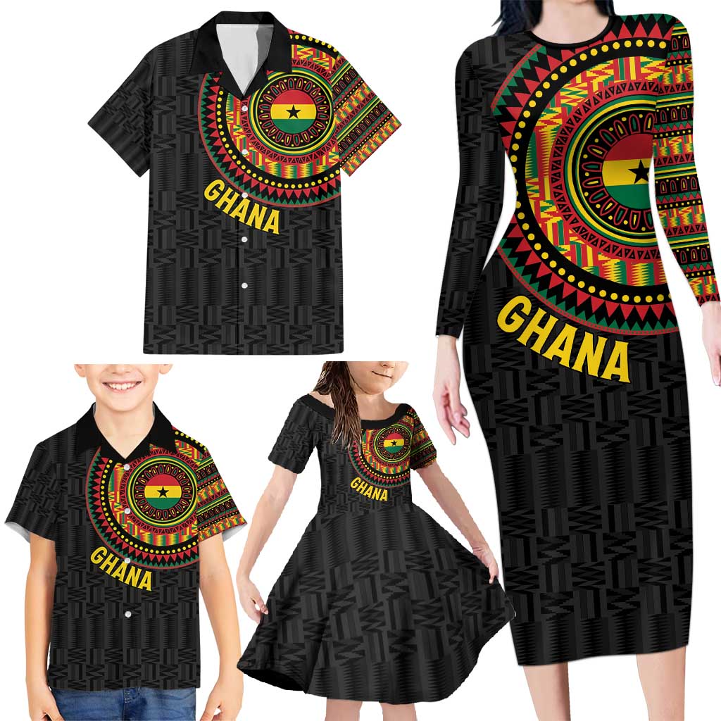 Personalised Ghana Family Matching Long Sleeve Bodycon Dress and Hawaiian Shirt African Tribal Mix Kente Patterns