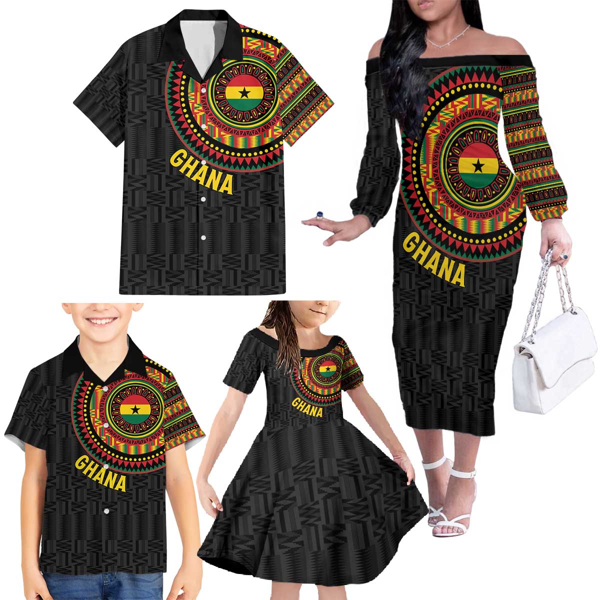 Personalised Ghana Family Matching Off The Shoulder Long Sleeve Dress and Hawaiian Shirt African Tribal Mix Kente Patterns