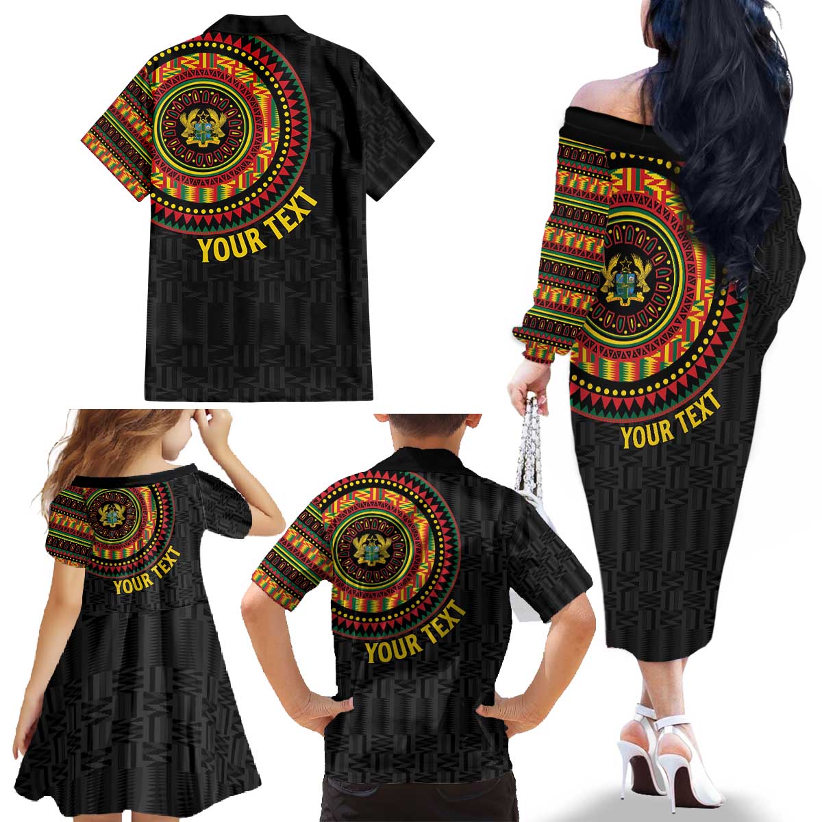 Personalised Ghana Family Matching Off The Shoulder Long Sleeve Dress and Hawaiian Shirt African Tribal Mix Kente Patterns
