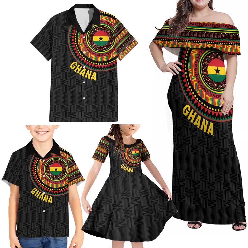Personalised Ghana Family Matching Off Shoulder Maxi Dress and Hawaiian Shirt African Tribal Mix Kente Patterns