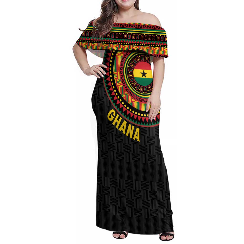 Personalised Ghana Family Matching Off Shoulder Maxi Dress and Hawaiian Shirt African Tribal Mix Kente Patterns
