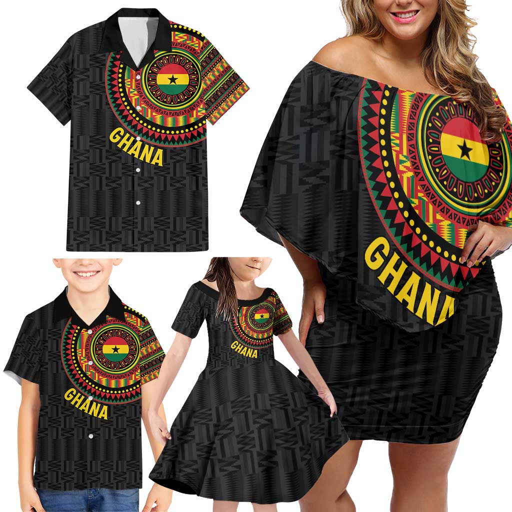Personalised Ghana Family Matching Off Shoulder Short Dress and Hawaiian Shirt African Tribal Mix Kente Patterns