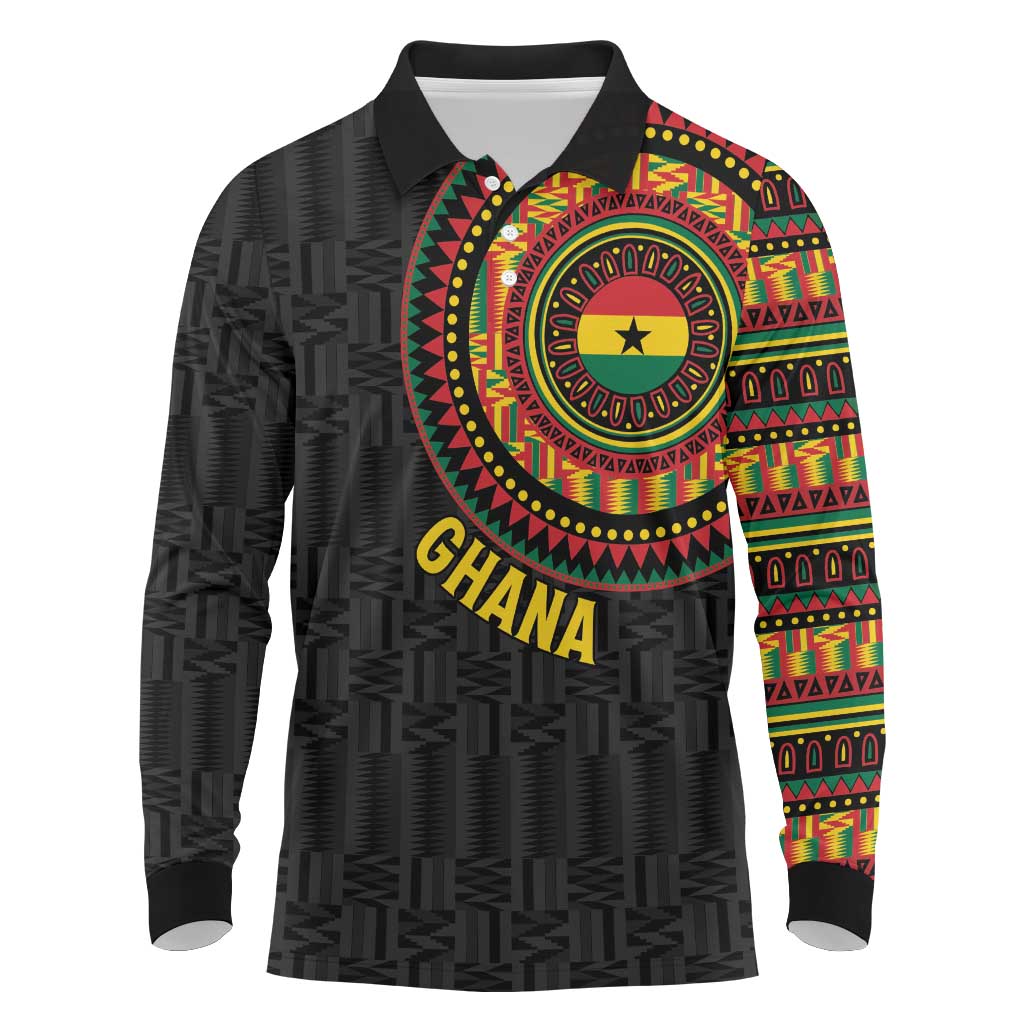 Personalised Ghana Long Sleeve Polo Shirt African Tribal Mix Kente Patterns