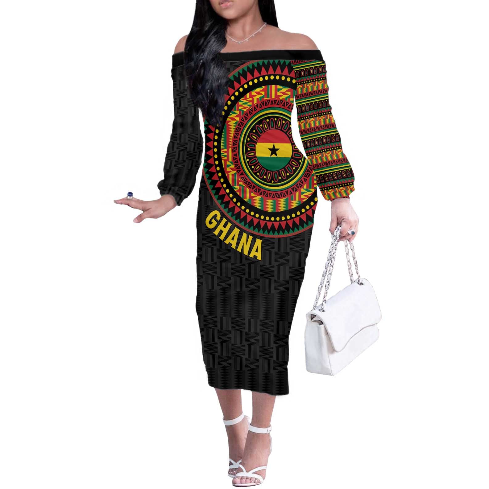 Personalised Ghana Off The Shoulder Long Sleeve Dress African Tribal Mix Kente Patterns