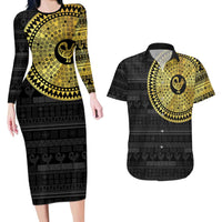 Sankofa Bird Couples Matching Long Sleeve Bodycon Dress and Hawaiian Shirt Adinkra Symbols - Gold Version