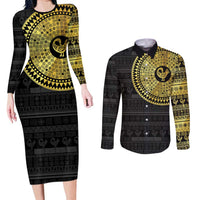 Sankofa Bird Couples Matching Long Sleeve Bodycon Dress and Long Sleeve Button Shirt Adinkra Symbols - Gold Version