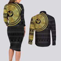 Sankofa Bird Couples Matching Long Sleeve Bodycon Dress and Long Sleeve Button Shirt Adinkra Symbols - Gold Version