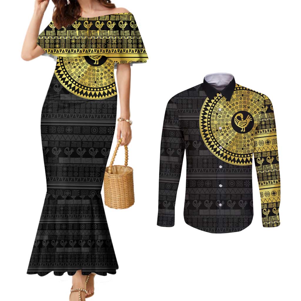 Sankofa Bird Couples Matching Mermaid Dress and Long Sleeve Button Shirt Adinkra Symbols - Gold Version