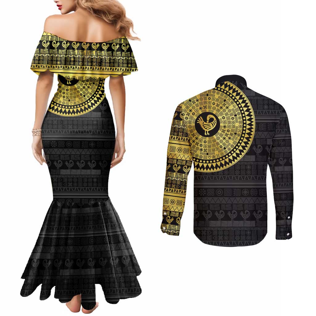 Sankofa Bird Couples Matching Mermaid Dress and Long Sleeve Button Shirt Adinkra Symbols - Gold Version