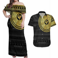 Sankofa Bird Couples Matching Off Shoulder Maxi Dress and Hawaiian Shirt Adinkra Symbols - Gold Version