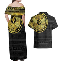 Sankofa Bird Couples Matching Off Shoulder Maxi Dress and Hawaiian Shirt Adinkra Symbols - Gold Version