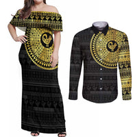 Sankofa Bird Couples Matching Off Shoulder Maxi Dress and Long Sleeve Button Shirt Adinkra Symbols - Gold Version
