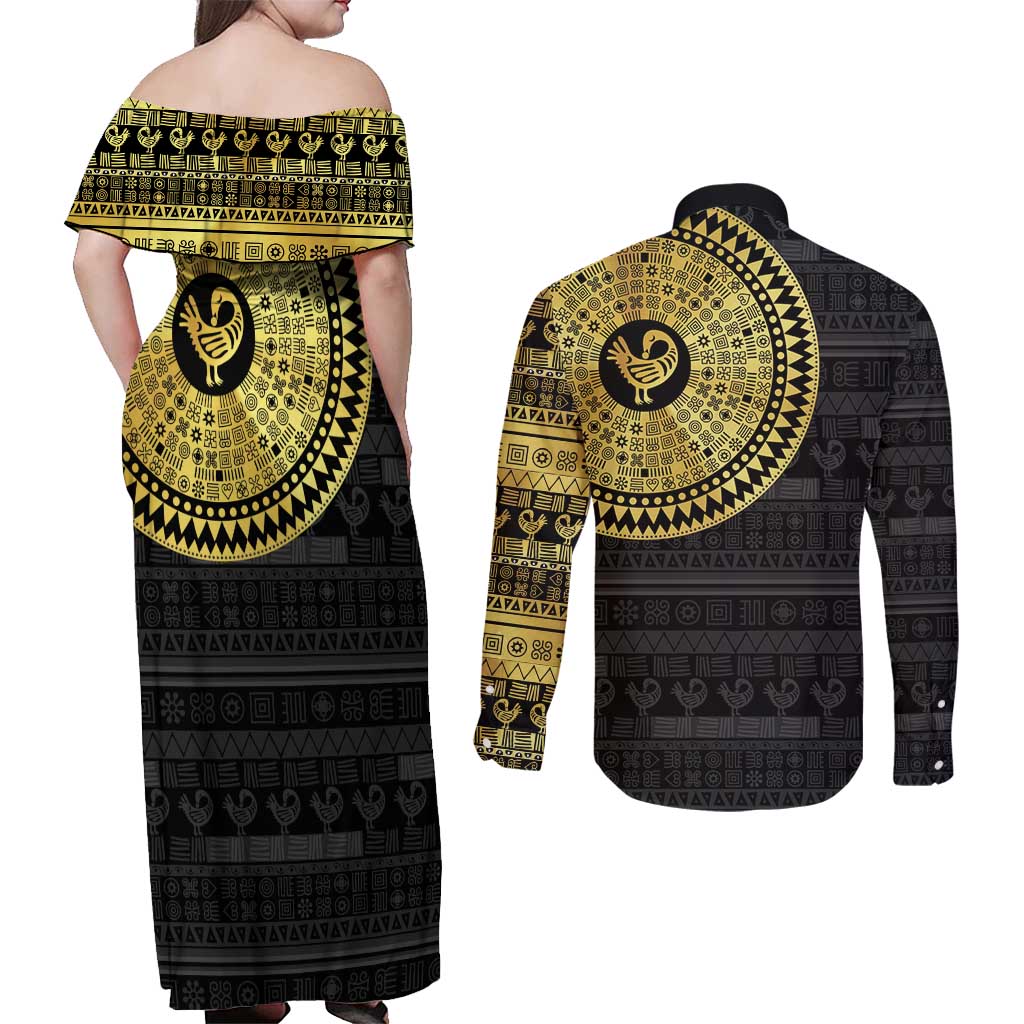 Sankofa Bird Couples Matching Off Shoulder Maxi Dress and Long Sleeve Button Shirt Adinkra Symbols - Gold Version