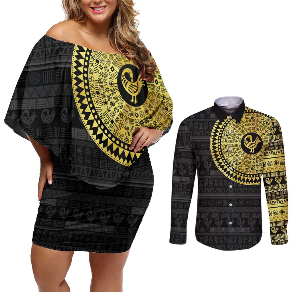 Sankofa Bird Couples Matching Off Shoulder Short Dress and Long Sleeve Button Shirt Adinkra Symbols - Gold Version
