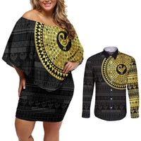 Sankofa Bird Couples Matching Off Shoulder Short Dress and Long Sleeve Button Shirt Adinkra Symbols - Gold Version
