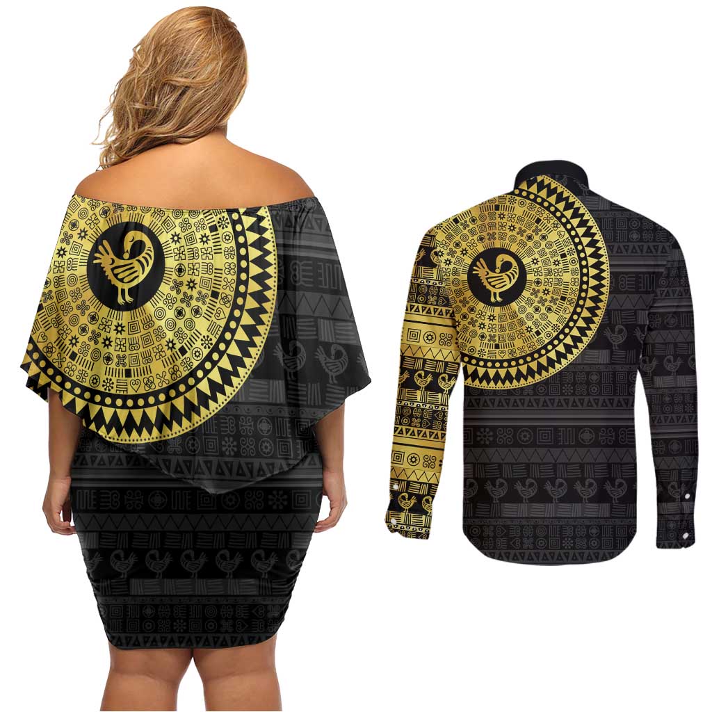 Sankofa Bird Couples Matching Off Shoulder Short Dress and Long Sleeve Button Shirt Adinkra Symbols - Gold Version