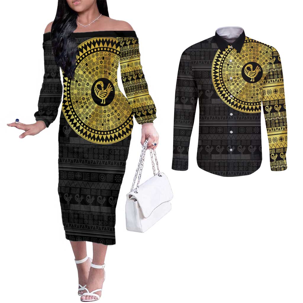 Sankofa Bird Couples Matching Off The Shoulder Long Sleeve Dress and Long Sleeve Button Shirt Adinkra Symbols - Gold Version