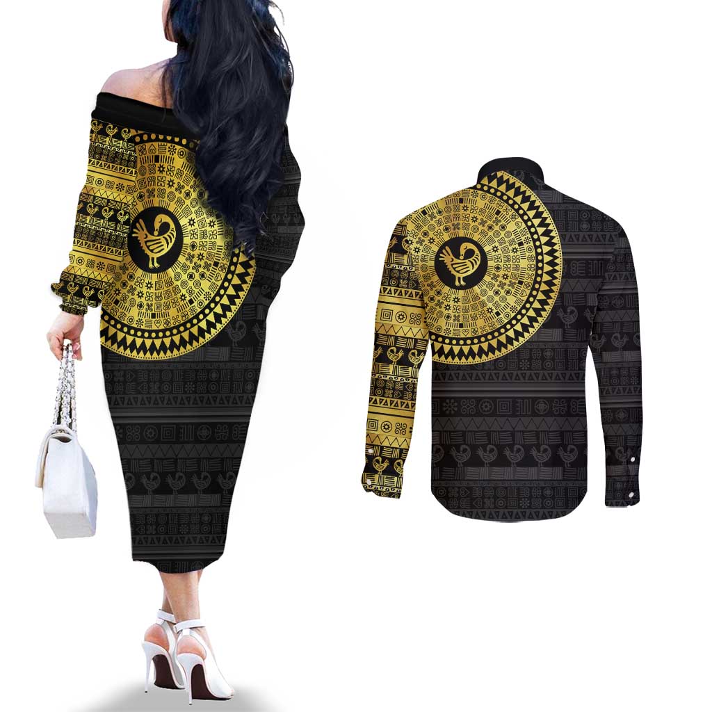 Sankofa Bird Couples Matching Off The Shoulder Long Sleeve Dress and Long Sleeve Button Shirt Adinkra Symbols - Gold Version