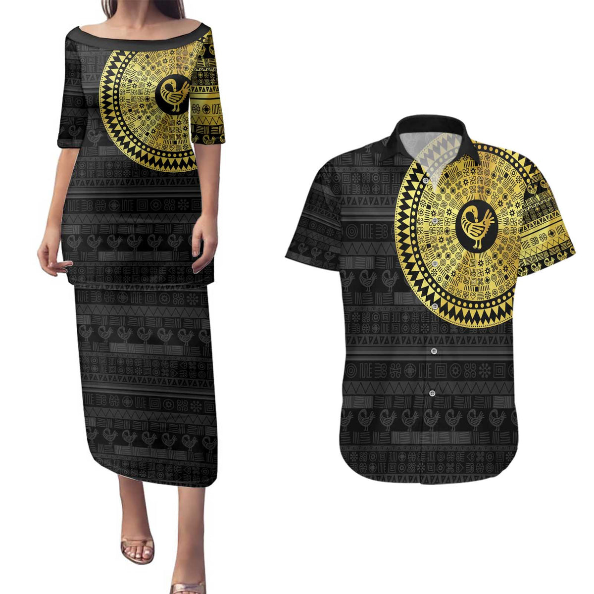 Sankofa Bird Couples Matching Puletasi and Hawaiian Shirt Adinkra Symbols - Gold Version