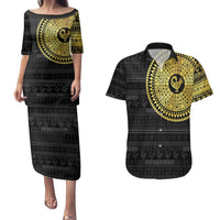 Sankofa Bird Couples Matching Puletasi and Hawaiian Shirt Adinkra Symbols - Gold Version