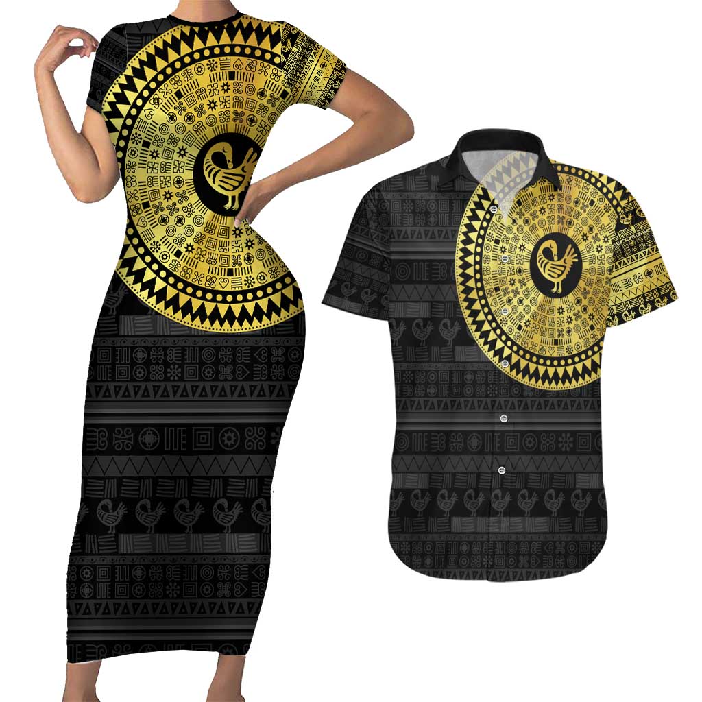 Sankofa Bird Couples Matching Short Sleeve Bodycon Dress and Hawaiian Shirt Adinkra Symbols - Gold Version